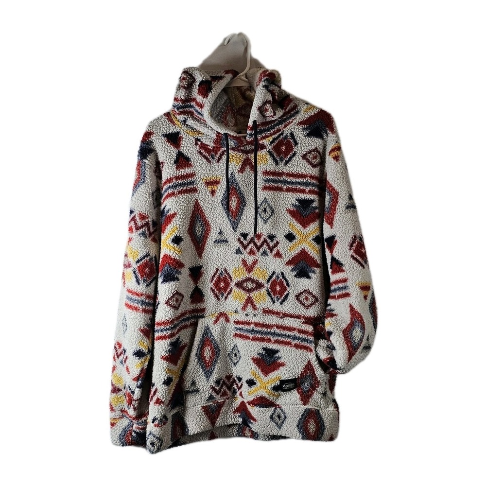 Brooklyn Cloth Hoodie Mens LARGE‎ Aztec Tribal Pullover Fleece Light Gray Y2K